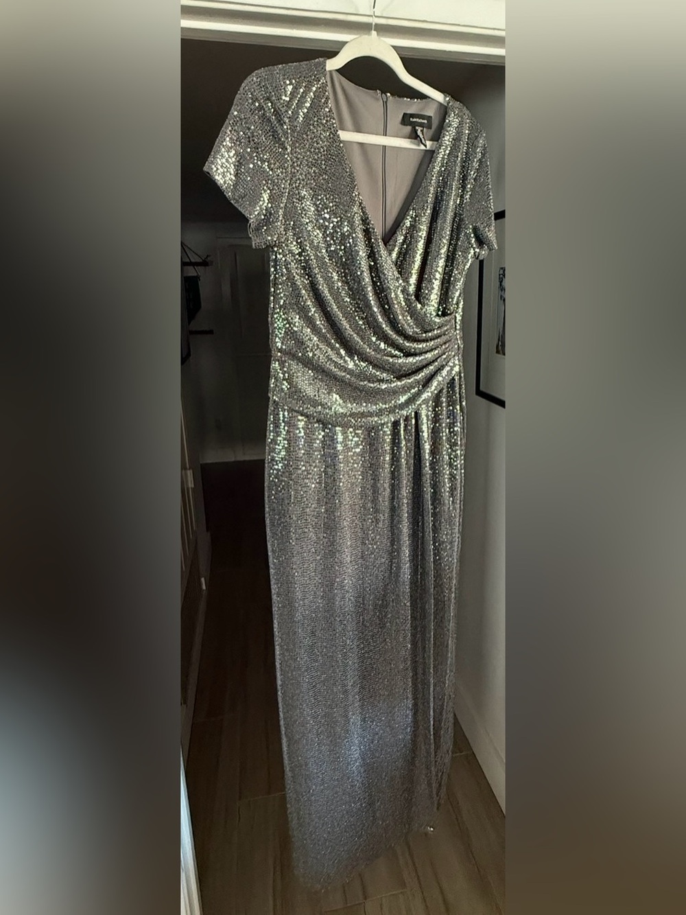 R&M Richards Silver Sequin Draped Gown.